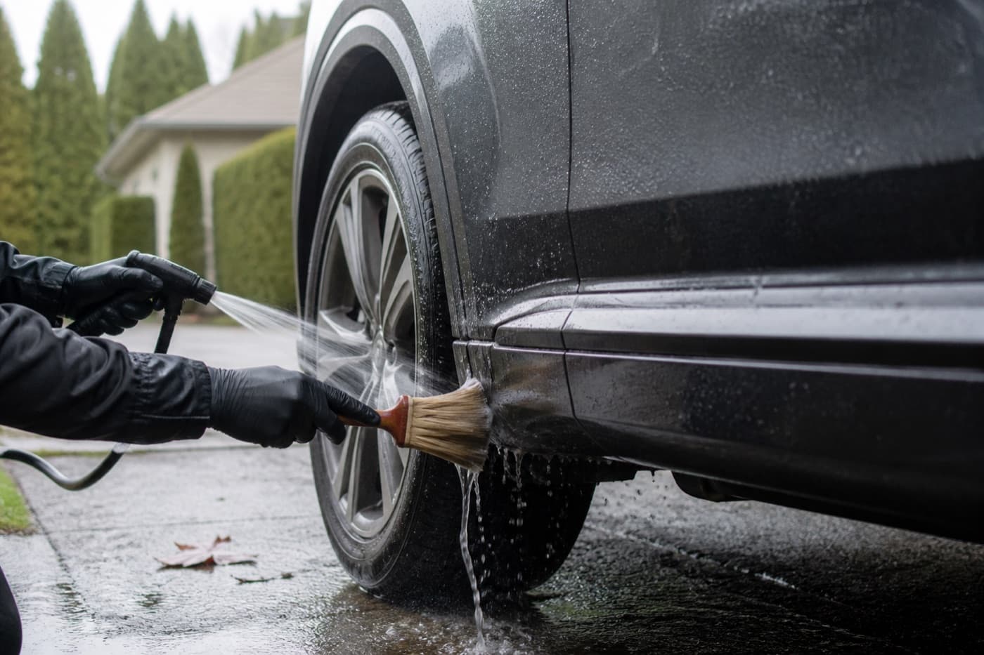 Detailer cleaning a vehicle wheel and lower body panel before winter